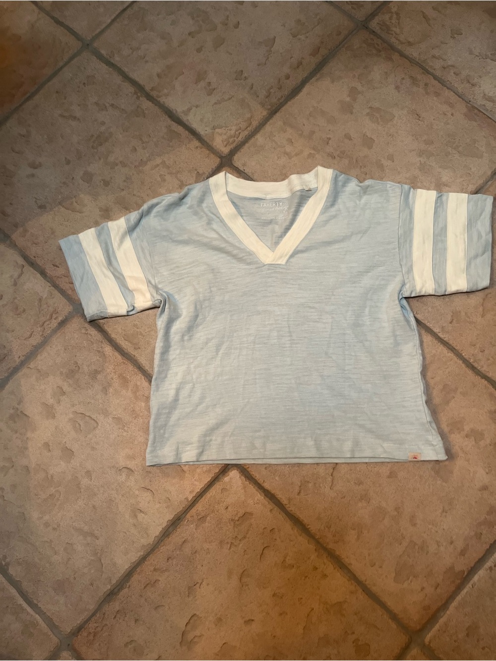 Faherty Pale Blue V-Neck Tee with White Trim and Sleeve Stripes